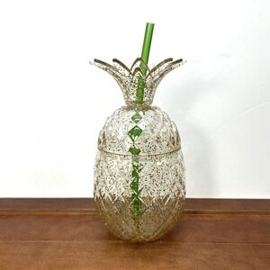 Plastic Yellow Pineapple Cup Reusable‎ Straw, Luau Hawaiian Tropical Summer, NEW